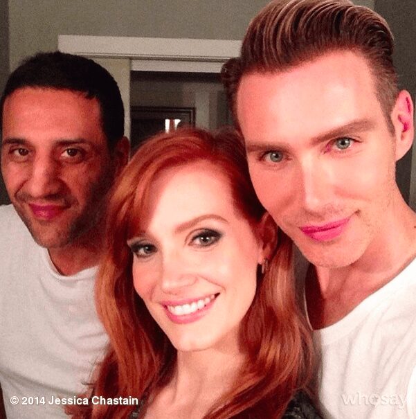 Jessica Chastain loves her glam squad. She poses with her makeup artist & hairstylist saying, 