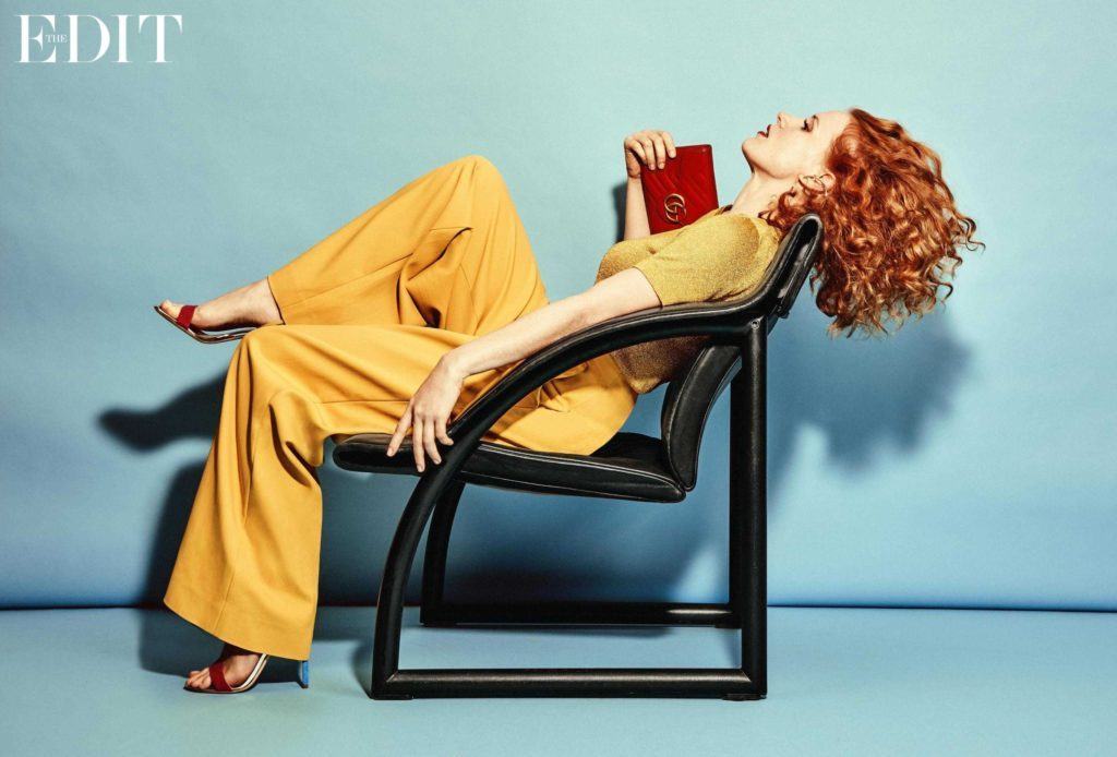 jessica-chastain-wears-top-by-missoni-pants-by-tibi-sandals-by-giuseppe-zanotti-bag-by-gucci-and-earrings-worn-throughout-by-jennifer-fisher